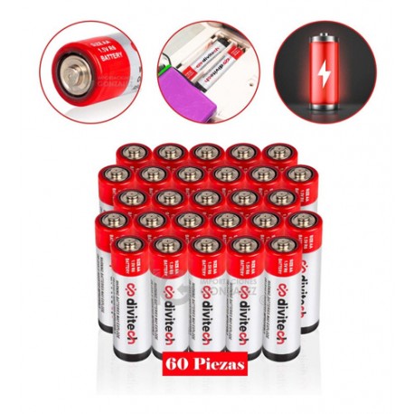 Pilas Aa Divitech® Original Paquete Con 60 Baterías 1.5v. Baterías Con Excelente Rendimiento